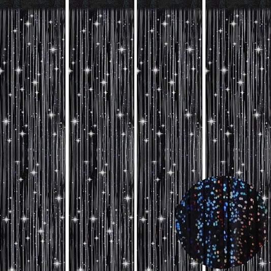 Picoway 4 Pack Foil Fringe Tinsel Backdrop Curtains, Birthday Engagement Bachelorette Party Decorations, Photo Booth Props Door Streamers Curtain (Black)