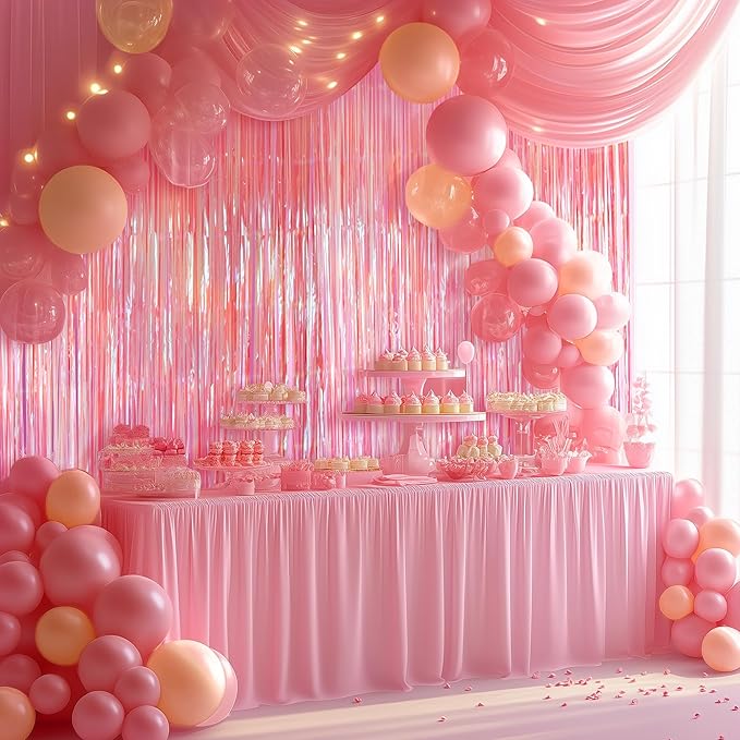 2 Pack Pink Iridescent Streamers Backdrop, 3.3x6.6ft Foil Fringe Curtains Holographic Door Tinsel Streamers for Birthday, Wedding, Holiday, Bachelorette, Baby Shower Theme Party Decorations