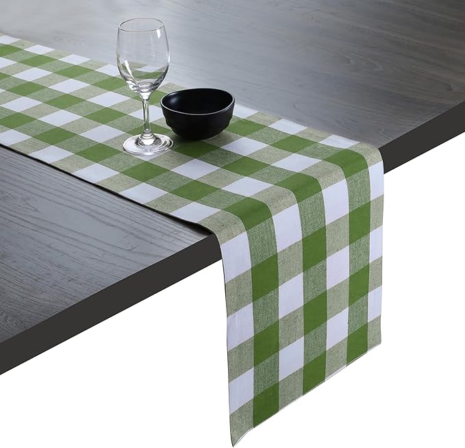 Native Fab Table Runner Buffalo Check Plaid 100% Cotton - 13x90 Inches Kitchen Dining Table Decoration for Indoor Outdoor Farmhouse Home Party Decor - Mint Green and White