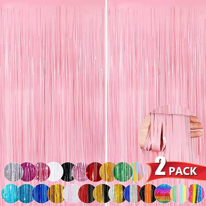 Pastel Pink Metallic Tinsel Foil Fringe Curtains, 2 Pack 3.3x8.3 Feet Streamer Backdrop Curtains for Birthday Party Decorations, Halloween Decor, Foil Curtain Backdrop for Bachelorette Party