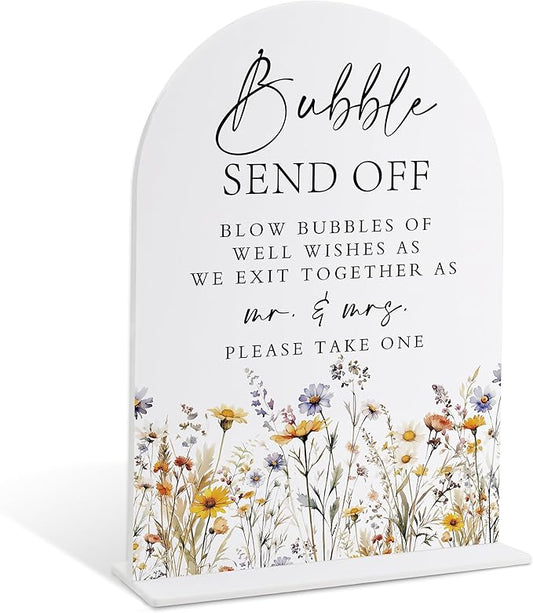 Wedding Signs for Ceremony and Reception, Boho Floral Acrylic Bubble Send Off Sign, Wedding Signage with Stand, Bridal Shower Table Centerpieces, Supplies for Engagement Reception and Event Party, 29