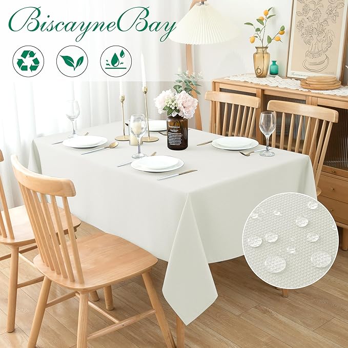 Biscaynebay Textured Fabric Tablecloths 60x108 Inches Rectangular, Ivory Water Resistant Tablecloths for Dining, Kitchen, Wedding and Parties, Machine Washable