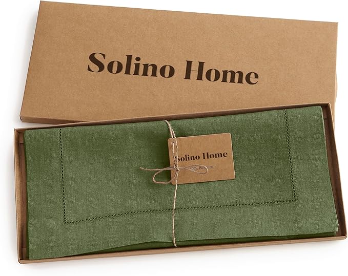 Solino Home Linen Olive Table Runner 108 Inches Long - 100% Pure Linen 14 x 108 Inch Table Runner for Fall, Autumn, Thanksgiving - Classic Hemstitch
