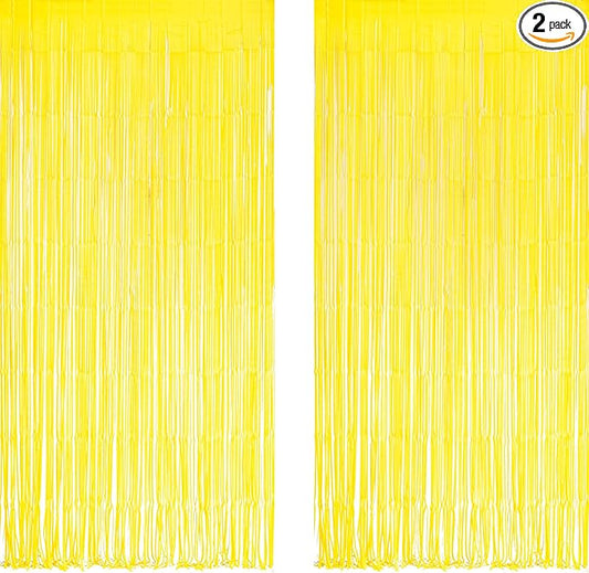 Yellow Streamers Party Backdrop - GREATRIL Foil Fringe for Pineapple/Lemon/Truck/Race Birthdays Party Decoration - 3.2ft X 8.2ft - 2 Packs