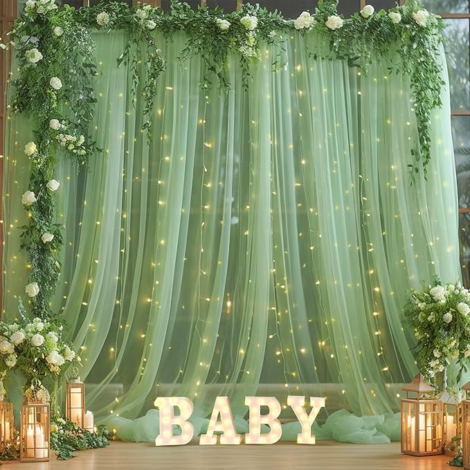 20×10ft Green Tulle Backdrop Curtain with Lights String for Parties, Sheer Photo Backdrop Curtains for Wedding Party Photography Background