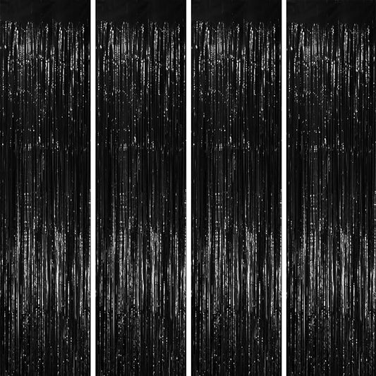 4 Pack Black Foil Fringe Backdrop Curtains, Tinsel Streamers Birthday Party Decorations, Fringe Backdrop for Graduation, Baby Shower, Gender Reveal, Disco Party
