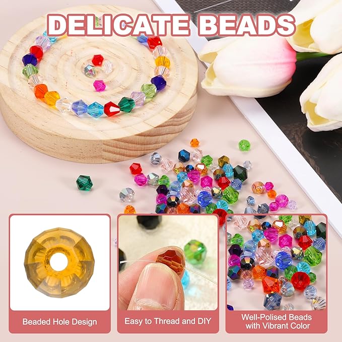 PATIKIL 1000pcs 4mm Bicone Glass Crystal Beads, Faceted Glass Spacer Beads with Box for Jewelry Making Bracelet Necklace Earrings DIY Suncatcher Craft, Amber AB