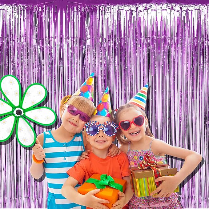 4 Pack Light Purple Foil Fringe Curtain Backdrop, 3.28Ft x 8.2Ft Metallic Tinsel Foil Fringe Streamers Curtains for Party,