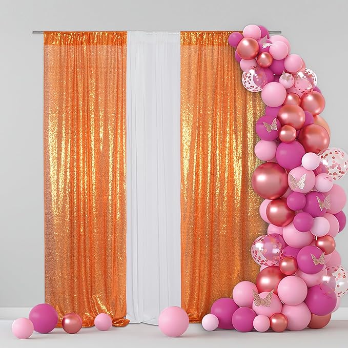 Eternal Beauty Sequin Backdrop Curtains, 2x8 Ft-2 Panels Orange Back Drop for Shimmer Photography Party Wedding Birthday Decor