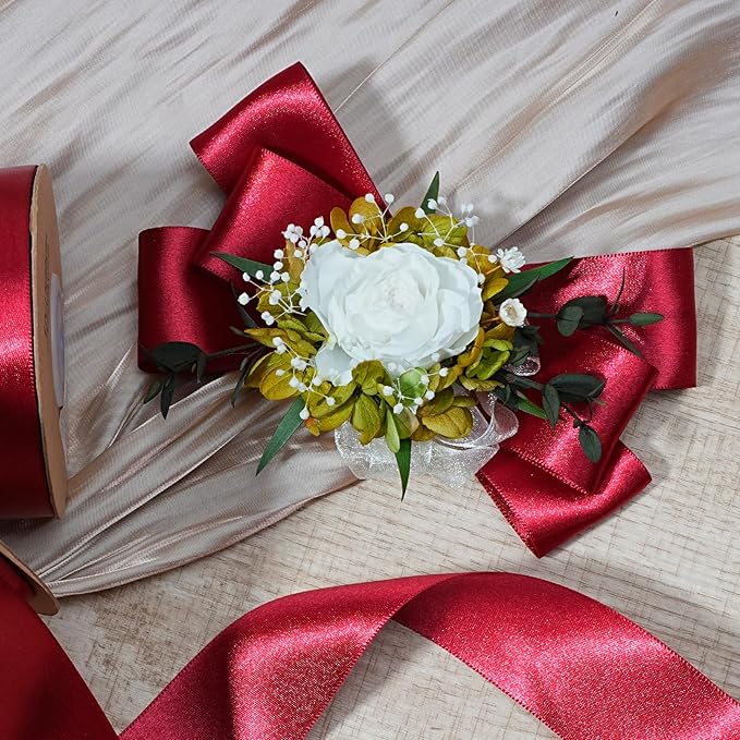 LaRibbons Burgundy Satin Ribbon 1 1/2 Inch 25 Yards Luxury Double Faced Dark Red Silk Ribbon for Flower Bouquet Crafts Gift Wrapping Wedding Party Christmas Decoration