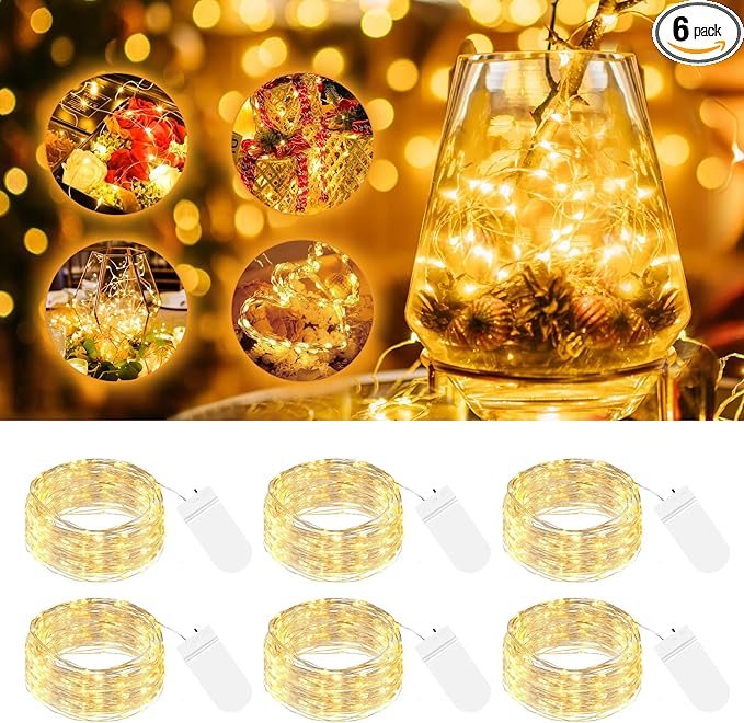 btfarm 6 Pack LED Fairy Lights Battery Operated, 7ft 20LED Mini String Lights Waterproof, Silver Wire Firefly Starry Bulk for Mason Jars Crafts Table Centerpieces Party Christmas, Warm White