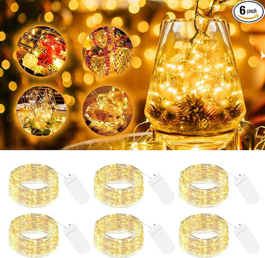 btfarm 6 Pack LED Fairy Lights Battery Operated, 7ft 20LED Mini String Lights Waterproof, Silver Wire Firefly Starry Bulk for Mason Jars Crafts Table Centerpieces Party Christmas, Warm White