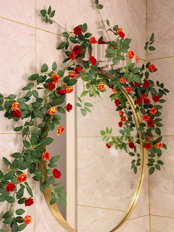 6FT Bendable Rose Vine with Butterflies, Wildflower Garland Hanging Floral Garland for Wall Decor Trellis Fence Home Room Decoration (Orange, 2pcs)