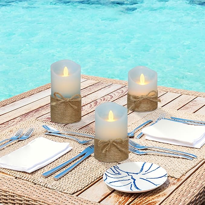 Silverstro Nautical Decor Ocean Blue Flameless Candles - Home Christmas Farmhouse Summer Decorations - Set of 3 (D3.11 X H4 5" 6")