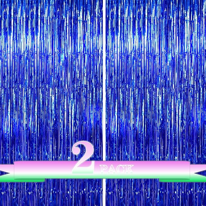 Blue Foil Fringe Backdrop Curtains,2 Pack Tinsel Streamers Birthday Party Decorations,blue Fringe Backdrop for ocean themed Birthday,Graduation,Astronaut,Gender Reveal,Boss Baby,Father's Day,3.3x6.6ft