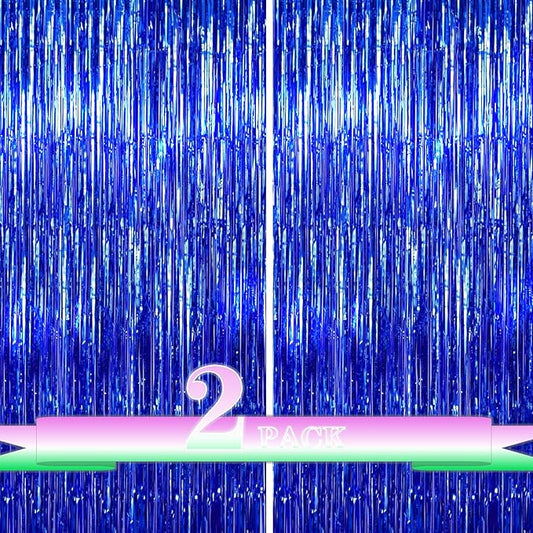 Blue Foil Fringe Backdrop Curtains,2 Pack Tinsel Streamers Birthday Party Decorations,blue Fringe Backdrop for ocean themed Birthday,Graduation,Astronaut,Gender Reveal,Boss Baby,Father's Day,3.3x6.6ft