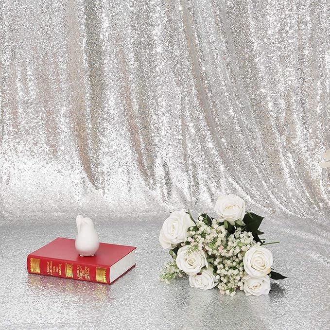 Eternal Beauty Silver Sequin Backdrop Curtains, Shimmer Back Drop 2Panels-2FTx8FT for Christmas, Party, Birthday, Photography, Wedding, Baby Shower Event Decoration