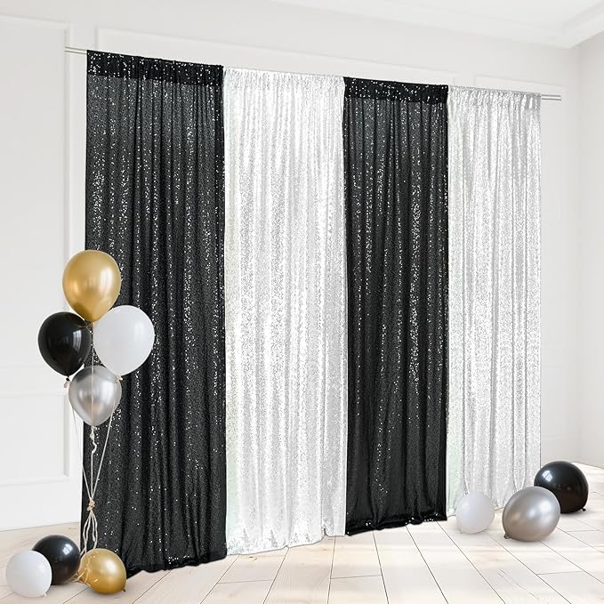 Eternal Beauty Black and Silver Backdrop 4 PCS-2x8 Ft Sequin Curtain Panels for Christmas Party, Birthday