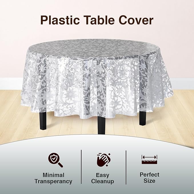 Exquisite Lace Table Cloth Round Table Plastic 12-Pack Lace Tablecloth Round 84" | White Floral Tablecloth Disposable | Wild Flower Party Decorations & Party Supplies