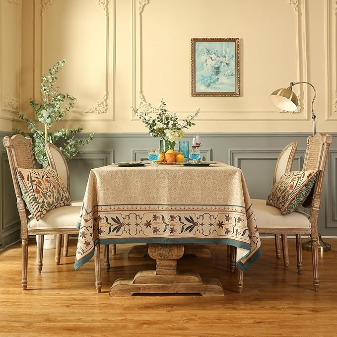 patdrea Designer French Linen Extra Long Tablecloth for Rectangle Table,Beige Anti-Wrinkle Floral Farmhouse Table Cloth,Decor Covers for Kitchen Dining,Party,Christmas,Thanksgiving,67"x118"-Fram