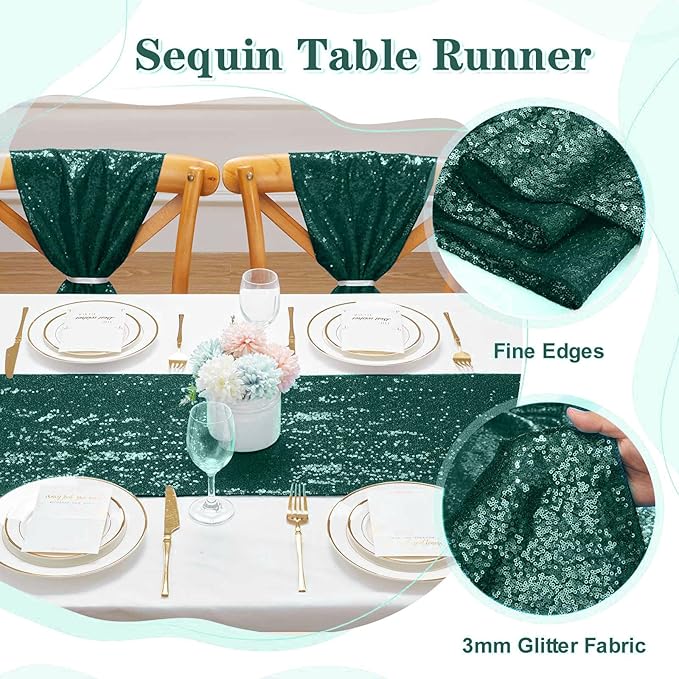 Sequin Table Runners 2 Pieces Emerald Green Table Runners 12x72 Inch Glitter Dining Table Cover for Party Wedding Birthday Reception Banquet Decoration Spring Party Chair Sashes