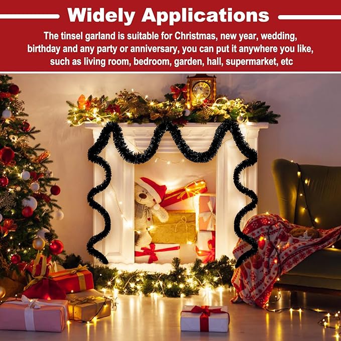 25 Feet Metallic Twist Tinsel Garland - Wall Hanging Backdrop for Parade Floats, Christmas Eve, New Year, Valentine's Day Parties (Black, 4in x 25ft)