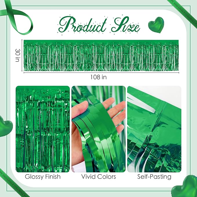 2 Pack Green Table Skirts, 29x108" Metallic Foil Tinsel Fringe Table Skirts for Rectangle Tables Streamer Curtains Backdrop, Party Decorations for Birthdays Weddings Holidays