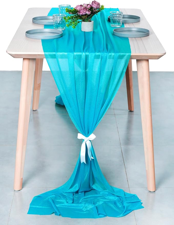 MDS 2 Pack 10ft Chiffon Table Runner 29 x 120 Inches Sheer Wedding Runner Romantic Rustic Table Runner for Wedding Decorations, Birthday Parties, Bridal Shower Party Arch Decor -Turquoise