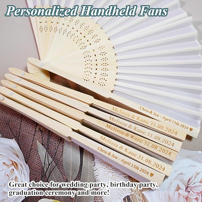 Personalized 15 Pcs White/Pink/Purple Silk-Bamboo Folding Hand Fans, Custom Engraved Wedding/Baby Shower Party Favors, Elegant & Lightweight, Foldable & Reusable