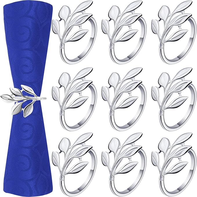 Hotop 24 Pcs Leaf Napkin Rings Set Silver Metal Napkins Rings Holders Bulk Glossy Table Adornment for Vintage Wedding Bridal Thanksgiving Christmas Holidays Fall Dinner Party Decoration Favors