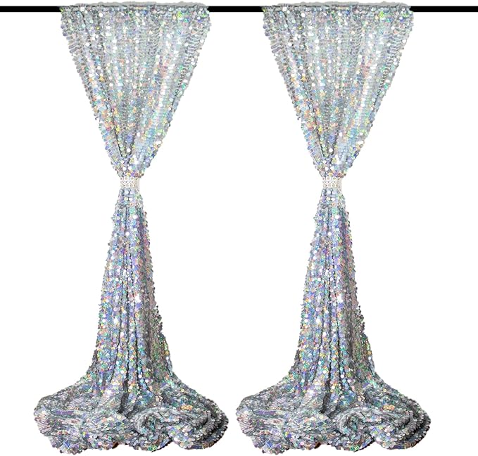 JYFLZQ Iridescent Silver Payette Sequin Backdrop Curtains 4ft x 8ft 2 Panels Shimmer Wall Backdrop Big Sequin Background Thick Glitter Photo Booth Backdrops for Birthday Christmas Wedding Parties