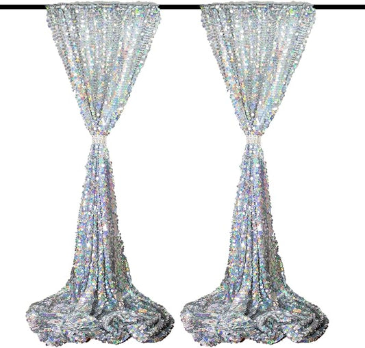 JYFLZQ Iridescent Silver Payette Sequin Backdrop Curtains 4ft x 8ft 2 Panels Shimmer Wall Backdrop Big Sequin Background Thick Glitter Photo Booth Backdrops for Birthday Christmas Wedding Parties