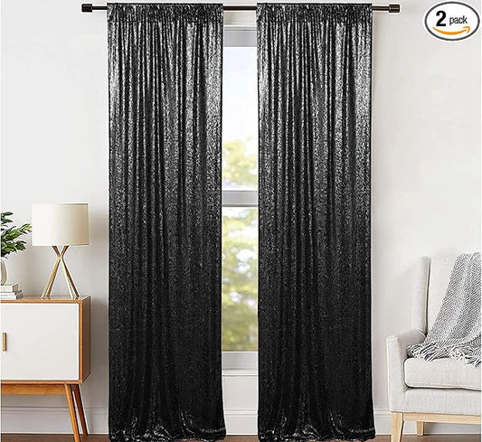 JYFLZQ Black Sequin Backdrop Curtains 4ft x 8ft 2 Panels Glitter Photo Booth Backdrops Sparkly Photography Background Drapes for Halloween Father's Day Graduation Birthday Parties