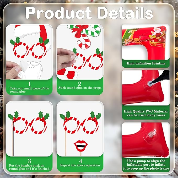 Christmas Photo Booth Props Inflatable Frame, 32Pcs Christmas Party Photo Booth Props with Inflatable Picture Frame Large for Xmas Holiday Party Selfie Supplies