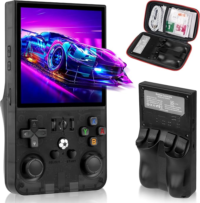R36MAX Retro Game Console, Handheld Game Console with 4.0-in IPS HD Screen，Video Game Consoles with 64GB Memory, Portable Games Consoles with Storage Bag（Black）