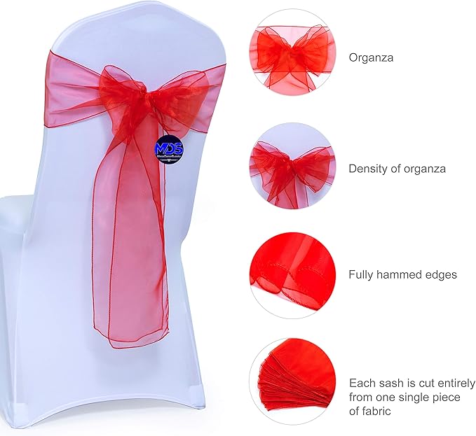 MDS Pack of 250 PCS Organza Chair Sashes Wider Dining Chair Bows Ribbon Tie Back for Wedding Party Birthday Bridal Shower Reception Event Banquet Home Chair Cover Decoration - Red
