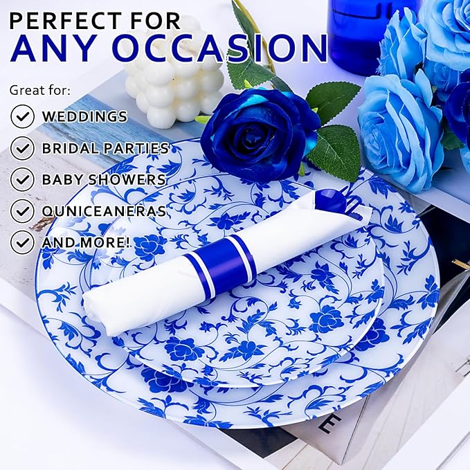 400PCS Pre Rolled Blue Plastic Silverware Sets - Heavy Duty Blue Cutlery - Include 100 Pack Wrapped Disposable Utensils with Napkins for Parties & Dinners & Weddings