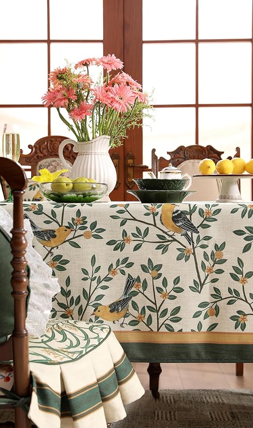 patdrea Designer Vintage French Floral Small Square Tablecloth,Yellow Brids Green Leaves Pattern Linen Table Cloth,Decor Kitchen Dining Holiday Banquet Christmas,Thanksgiving,55"x55"-Warbler