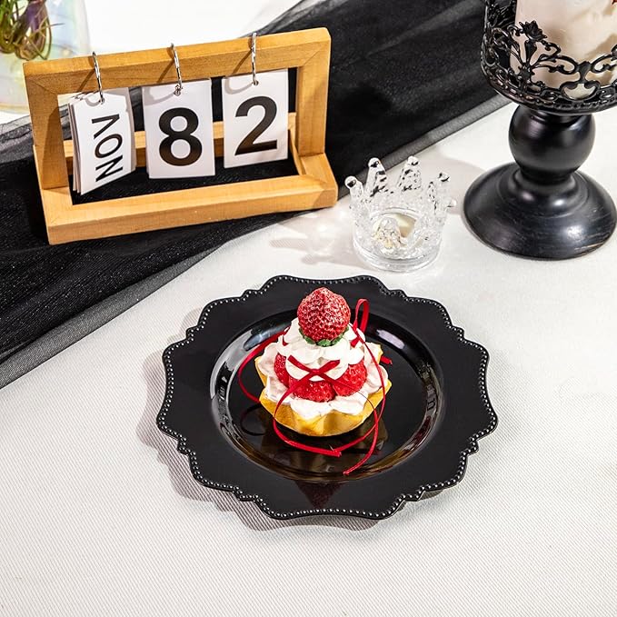 COLOSUS 100pcs Black Plastic Dessert Plates - 7.5 Inch- Heavy Duty Disposable Plastic Appetizer/Salad/Cake Plates for Party Wedding Birthday and Everyday Use
