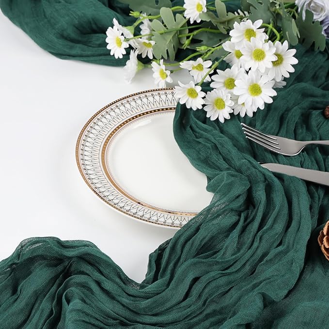 6 Pack Emerald Green Cheesecloth Christmas Table Runner 10ft Boho Gauze Fabric Cheese Cloth Table Runner 35 x 120 Inch Rustic Sheer for Romantic Wedding Decor Baby Shower Party Centerpiece Decoration