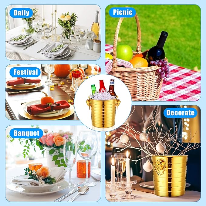 Pinkunn 6 Pack Stainless Steel Champagne Bucket 3 Qt Metal Ice Bucket Double Wall Wine Bucket with Handles Party Beverage Chiller for Champagne Beer Cocktail Wine Drinks Home Bar Accessories(Gold)