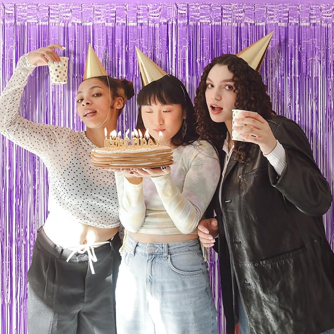 5 Pack Purple Foil Curtain Backdrop 3.2ft x 8.2ft Tinsel Foil Fringe Curtains Macaron Photo Booth Streamer Backdrop for Party Decorations Birthday Baby Shower Bachelorette Holiday (Light Purple)