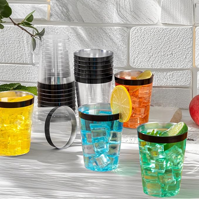 DaYammi 100 Pack Black Plastic Cups 10Oz Clear Disposable Cups with Black Rim, Clear Cocktail Cup Heavy Duty Disposable Wine Glasses Disposable Fancy Plastic Cups for Halloween Party