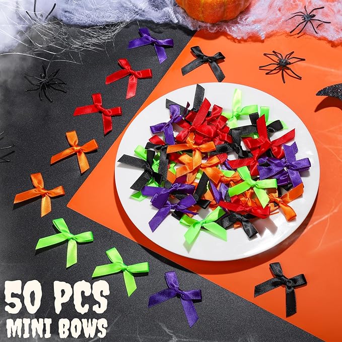 YGDZ Mini Bows, 50 PCS Small Satin Bows for Crafts, Halloween Decor, 5 Colors (Black, Orange, Purple, Red, Green), Tiny Bows for Gift Wrapping