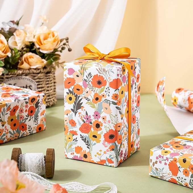 WRAPAHOLIC Kraft Floral Wrapping Paper Roll - Mini Roll - 17 Inch x 33 Feet - Bright Summer Flower Wrapping Paper, Perfect for Wedding, Birthday, Bridal Shower, Tea Party