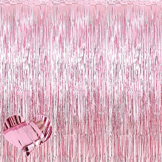 4 Pack Pink Fringe Curtain Backdrop, 3.2Ft x 6.6Ft Metallic Tinsel Foil Fringe Streamers Background for Photo Booth Birthday Wedding Baby Shower Carnival Easter Mother’s Day Party Decorations