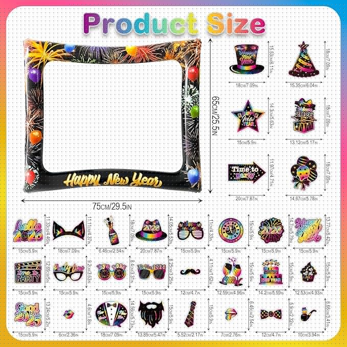 2026 New Year Photo Booth Inflatable Frame Kit, 30Pcs Fluorescent Color New Years Photo Booth Props with Inflatable Picture Frame for New Year Eve Party Selfie Props Supplies