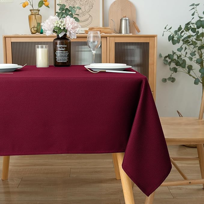 Biscaynebay Textured Fabric Christmas Square Tablecloths 54x54 Inches, Burgundy Water Resistant Tablecloths for Dining, Kitchen, Wedding, Parties etc. Machine Washable