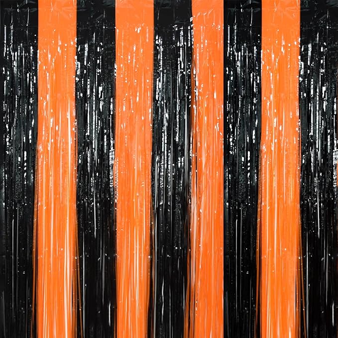 TONIFUL 2Pcs Black Orange Door Streamers,Photo Booth Backdrop Metallic Streamers Foil Fringe Curtains for Birthday,Christmas,New Year,Bachelorette,Halloween Party Streamers Decor(9.9ft x 6.6ft)