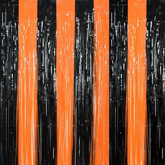 TONIFUL 2Pcs Black Orange Door Streamers,Photo Booth Backdrop Metallic Streamers Foil Fringe Curtains for Birthday,Christmas,New Year,Bachelorette,Halloween Party Streamers Decor(9.9ft x 6.6ft)
